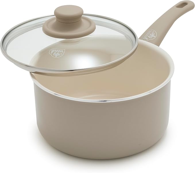 GreenLife 2.5QT Ceramic Nonstick Saucepan with Glass Lid, Taupe | PFAS-Free Nonstick Coating, Multipurpose Cooking Pot, Milk Pan, Soup Pot, Stay-Cool Handle, Dishwasher & Oven Safe up to 350F
