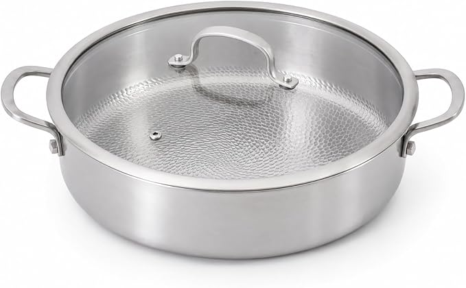 Titanium Hammered Pro Pan, 5QT Saute Pan with Lid, 12 Inch Deep Frying Pan for Cooking, Non-Toxic Skillet, Dishwasher&Oven Safe, Works on All Stoves,5QT