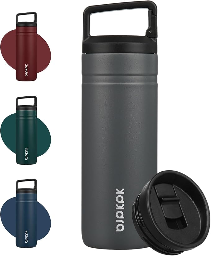 BJPKPK 20 oz Insulated Travel Water Bottle, Coffee Tumbler Stainless Steel | Double Wall Vacuum, Leakproof, Thermal, Keeps Hot/Cold, BPA Free, Dishwasher Safe, Spill Proof, Wide Mouth, 2 Lids, Grey