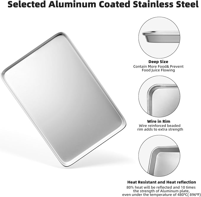 16× 24 Inch Cookie Sheet Pans Set of 3-Baking Tray Jelly Roll Pan Set Commercial Grade Aluminum Coated Statinless Steel Bun Pan for Oven,Freezer,Bakery Hotel Restaurant