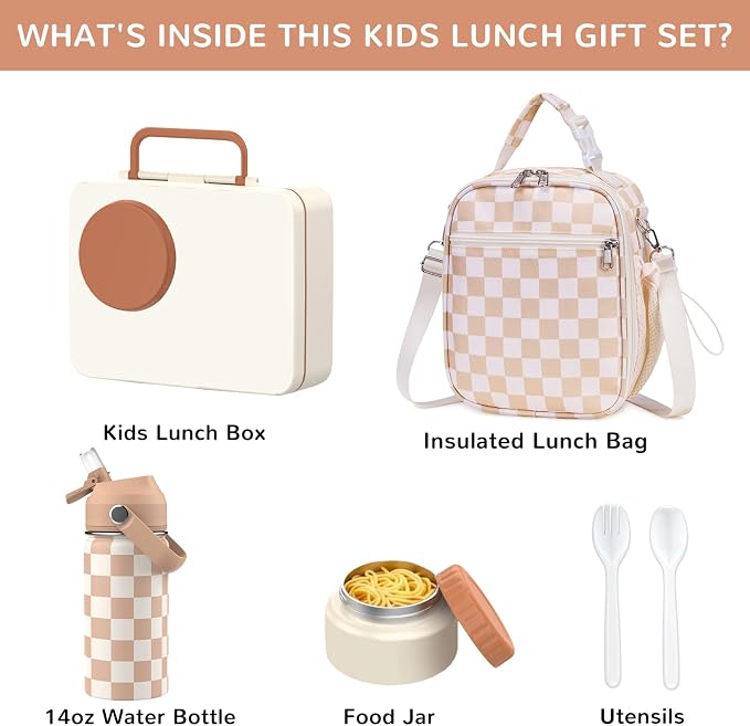 Bento Lunch Box for Kids Adult, Leakproof 3-4 Compartment Bento Box Set with Insulated Food Jar,Water Bottle, Lunch Bag, School Lunch Container for Toddler Teen Girls Boys Ages 3+(Plaid)