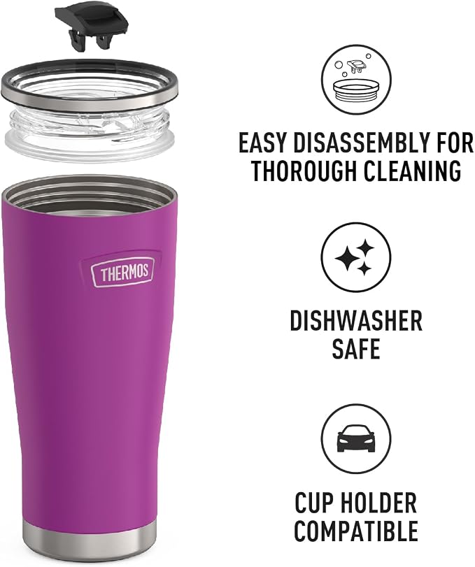 THERMOS Icon Series 24oz Stainless Steel Tumbler with Slide Lock Lid, Leakproof, Fits Cupholder, Dishwasher Safe, Griptec™ Non‑Slip Base, Keeps Drinks Hot 6 Hrs/Cold 22 Hrs, Plum