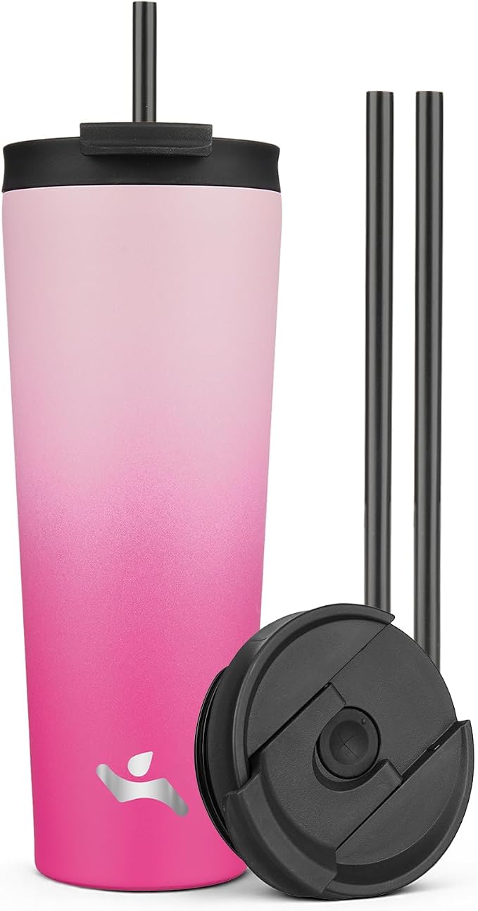 Konokyo 26 oz Insulated Tumbler Water Bottle with Straw Lid, Cherry | Stainless steel insulated tumbler for coffee, water and iced drinks; spill-proof lid, 2 straws, cup-holder friendly