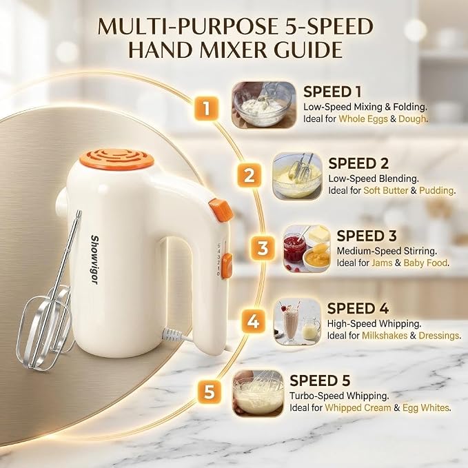 Hand Mixer, 5-Speed Electric Whisk with Turbo Boost Includes 5 Stainless Steel Attachments - Great Stand Mixer Alternative for Baking Cakes, Bread & More