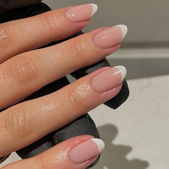modelones French Tip Press On Nails, Short Oval Fake Nails Nails Press Ons | with Nail Glue, Adhesive Tabs, Nail File, Prep Pad, Manicure Stick, 32Pcs 16 Sizes, Nude, Summer Women Girl Gift