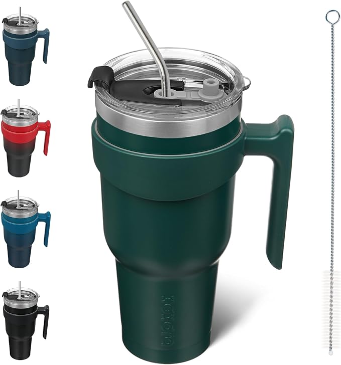 BJPKPK 40 oz Tumbler with Handle & Straw, Insulated Stainless Steel Mug | Double Wall Vacuum, Keeps Hot/Cold, Thermal Cup, BPA Free, Dishwasher Safe, Cupholder Fit, Coffee & Travel, Army Green