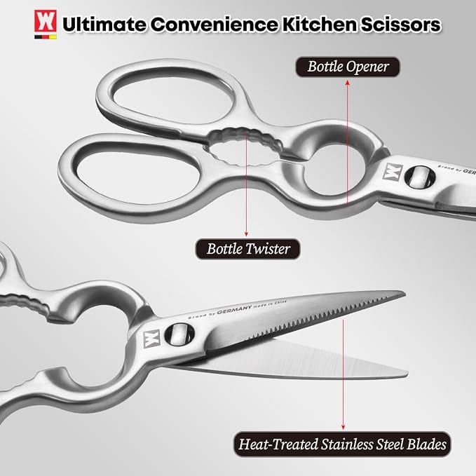 WAGENSTEIGER Kitchen Scissors, Multi-function Dishwasher Safe SUS403 Stainless Steel, Forged, Come Apart, Utility Shears, All Purpose for Cutting Food, Meat, Vegetable, Nutcracker (Food Scissors 1604)