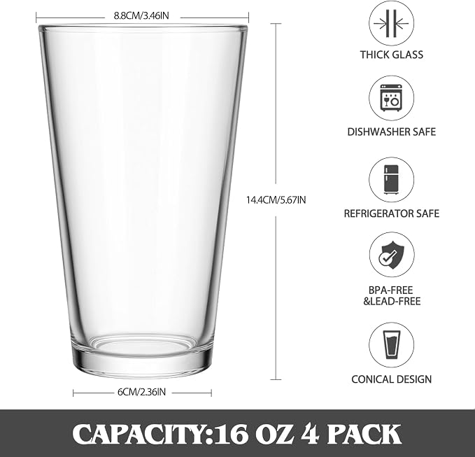 CUCUMI 16 Oz Beer Pint Glasses Set of 4 | Drinking Glasses,Cocktail Glasses Made for Hot & Cold Beverages Mixing Glass & Highball Set of 6 for Homes, Pubs & More