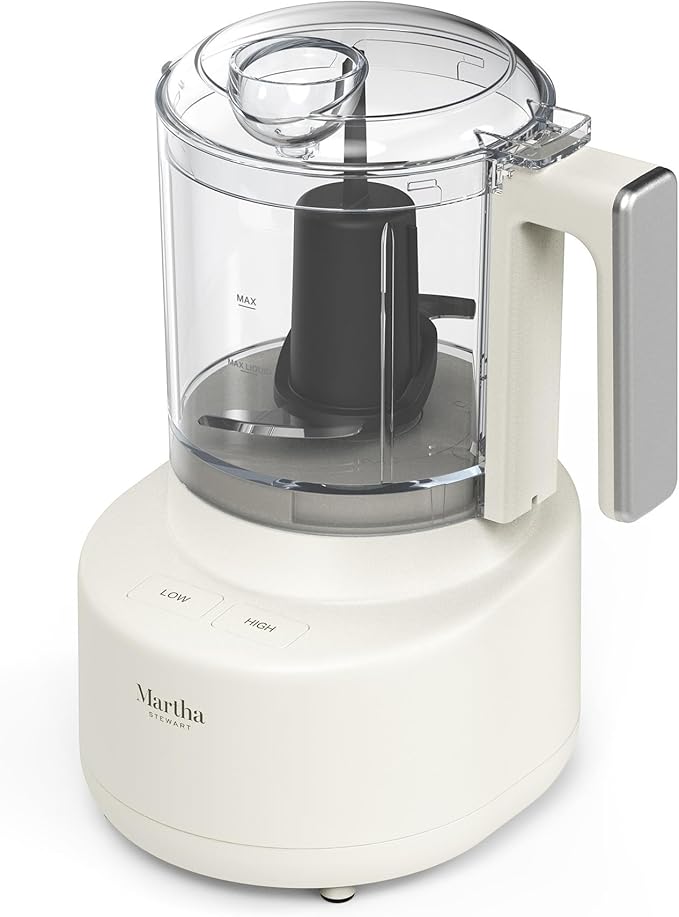 Martha Stewart 3 Cup Electric Vegetable Chopper, Mini Food Processor, Linen | 24oz BPA-Free Bowl, Stainless Steel Blades, Pour Spout, Dice, Puree, Mince, Chop Vegetables & Herbs, Dishwasher-Safe Parts