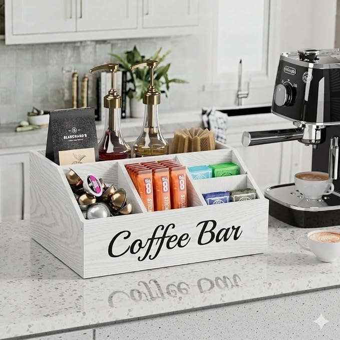 2 Pack Coffee Station Organizer for Countertop – Wooden Coffee Bar Organizer with Adjustable Dividers,Holds K Cup Pod & syrup bottles, for Kitchen, Office, or Bar and Tea Station, White