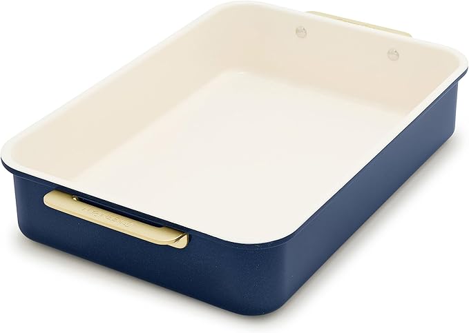 GreenPan Bakeware 13” x 9” Rectangular Cake Pan, Ceramic Nonstick Baking Pan, PFAS & BPA Free, Gold Handles, Durable Steel, Freezer to Oven Dish, Scratch Resistant, Bake & Roast Ovenware, Oxford Blue