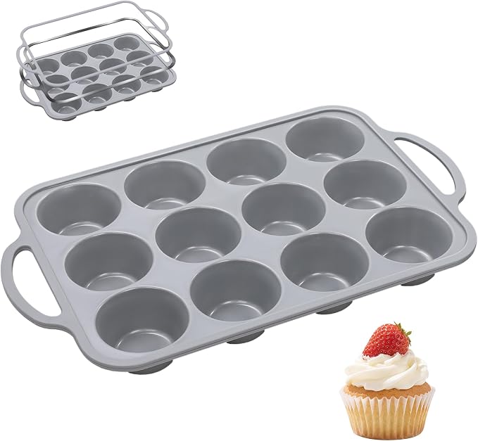 12-Cup Mini Silicone Muffin Pan with Reinforced Steel Frame,Metallic Silver | Regular Size Cupcake Pan, BPA Free Silicone Muffin Tray, Reinforced Steel Frame for Stability, Easy Baking & Cleanup, 2Pk
