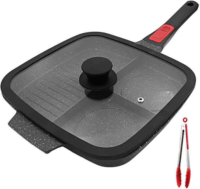 Nonstick 3 Section Grill Pan for Stove Tops, Black | Detachable Handle, Versatile Griddle Pan with Lid, Square Skillet PFOA Free