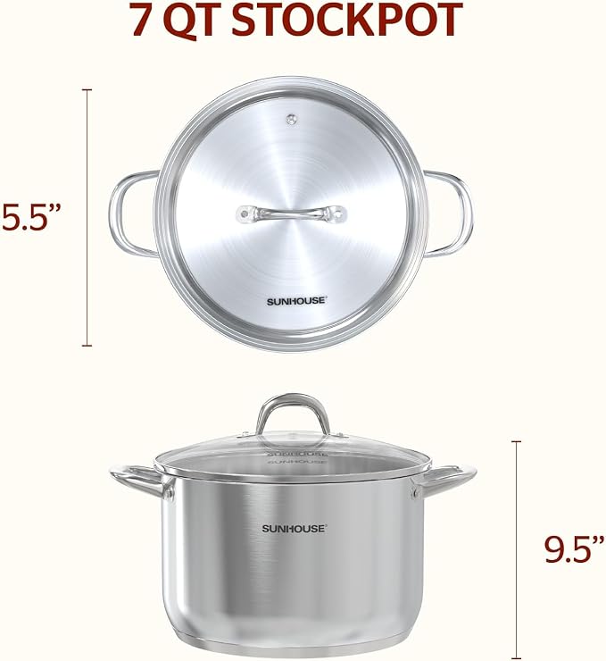 Sunhouse Stock Pot with Lid - 7 QT Large Pot for Cooking Pasta, Soup, Ollas | Impact-bonded Base Big Stainless Steel Pots for Canning, Boiling, Spaghetti - Oven Safe & Induction Compatible