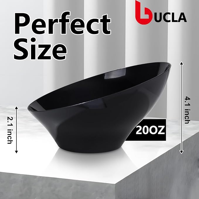 bUCLA 12 Pack Black Plastic Serving Bowls - 20 OZ Angled Bowls Disposable for Chip,Candy,Salad and Fruit - Ideal for Wedding, Party & Graduation