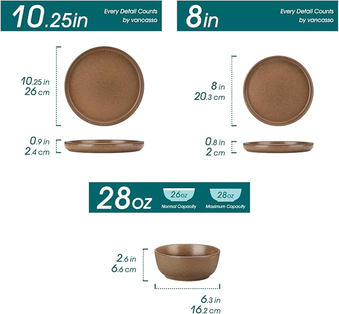 vancasso ZERMATT 18 Pieces Stoneware Dinnerware, Plates and Bowls Set for 6 | Dinnerware Set for 6 in Muted Brown Reactive Glaze Stoneware, Kitchen Dinner Set, Microwave and Dishwasher Safe