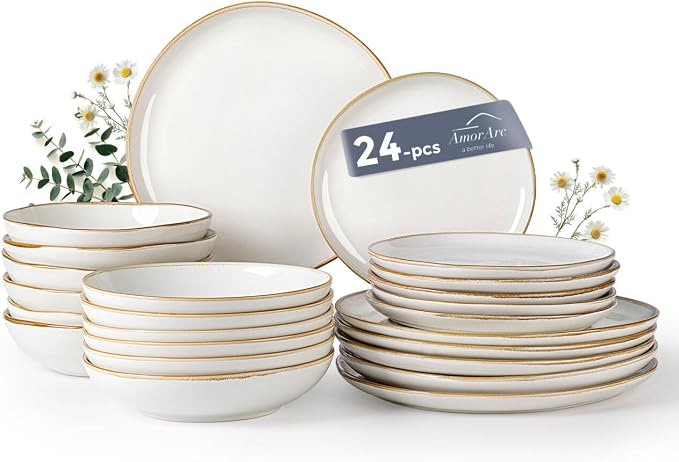 AmorArc Ceramic Dinnerware Sets for 6, 24Pcs Plates and Bowls Sets Dishes | Stoneware Handmade Reactive Glaze Dinner Set, Highly Scratch Resistant | Dishwasher & Microwave Safe Dishware