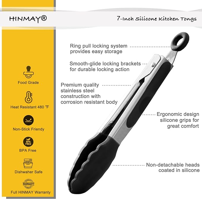 HINMAY Small Silicone Tongs 7-Inch Mini Serving Tongs, Set of 3 (Black Gray White) | Black Gray White