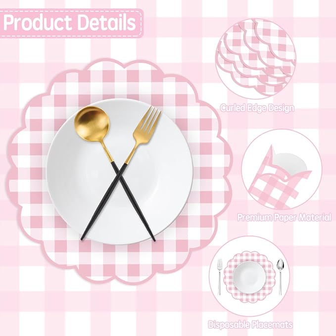 50Pcs Checkered Paper Placemats Pink Gingham Place Mats 13.5 Inch Scalloped Checkered Place Mats Disposable Table Placemats for Table Setting BBQ Baby Shower Wedding Bridal Banquet Tea Party