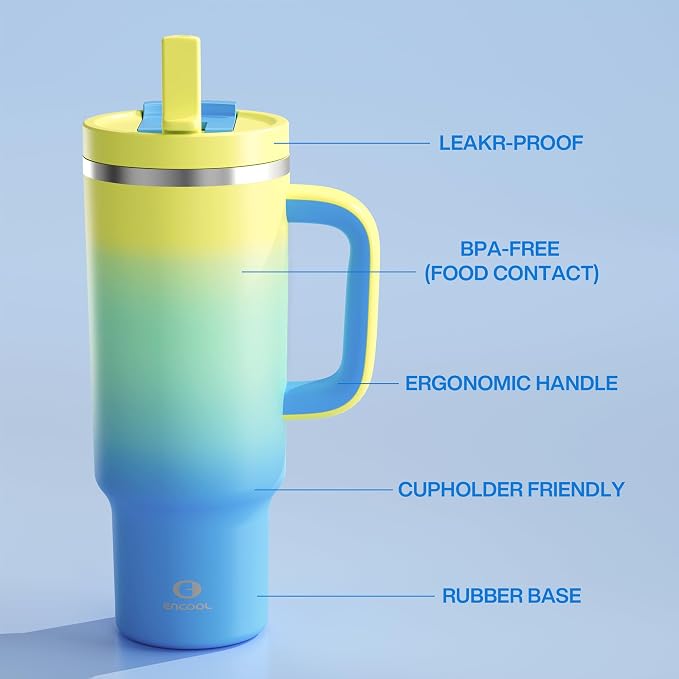 ENCOOL 40 oz Tumbler with Handle and Straw: Stainless Steel Insulated Tumbler Keeps Cold for 24 Hours, Leakproof Travel Cup Fits in Cup Holder and BPA-Free, Soft Lagoon