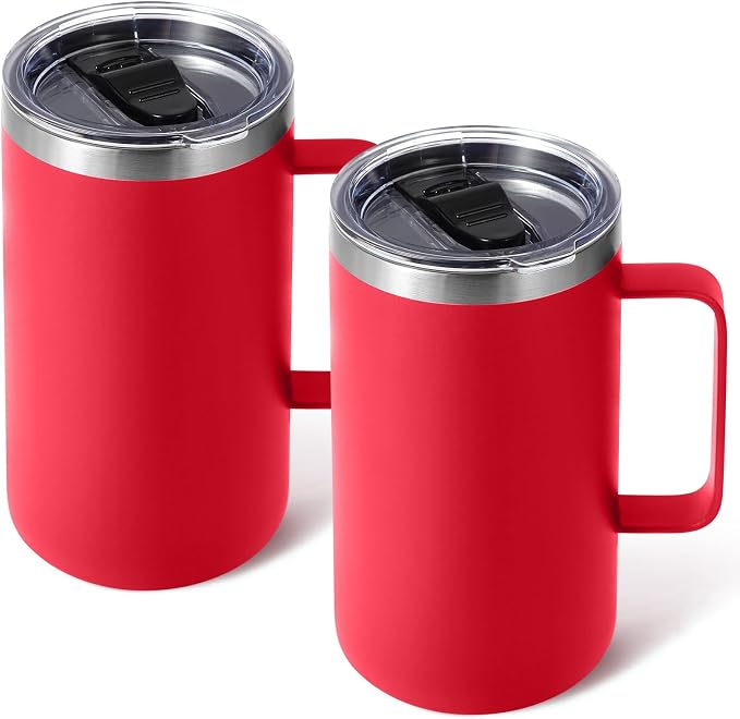 Volhoply 22oz Insulated Stainless Steel Coffee Mugs with Leakproof Lid Bulk 2 Pack,Double Wall Vacuum Travel Coffee Cup with Handle,Reusable Metal Tumbler,Camping Mug Keep Hot&Cold(Red,2)