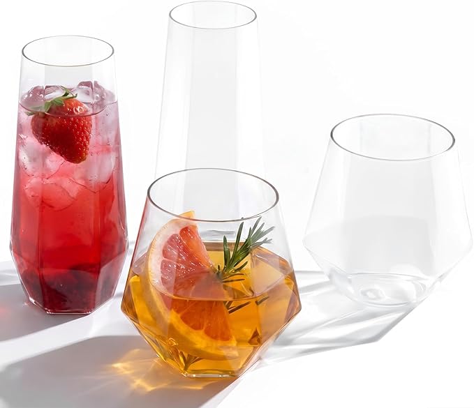 BESTSTAR 24 Pack Clear Plastic Wine Glasses Set,BPA-Free Shatterproof | 12 9 OZ Stemless Champagne Flutes & 12 12OZ Diamond Wine Whiskey Glasses,Clear Drinkware for Weddings, Parties & Events