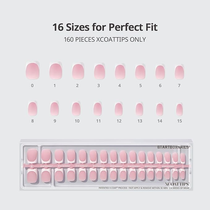 BTArtboxnails XCOATTIPS White French Tip Press On Nails, S Square, Pink | Lamp-Curable 4-Week Wear, Salon Quality Value at Home, Natural Nail Look, Easy-to-Apply for Beginners, 160ct Nail Tips Only