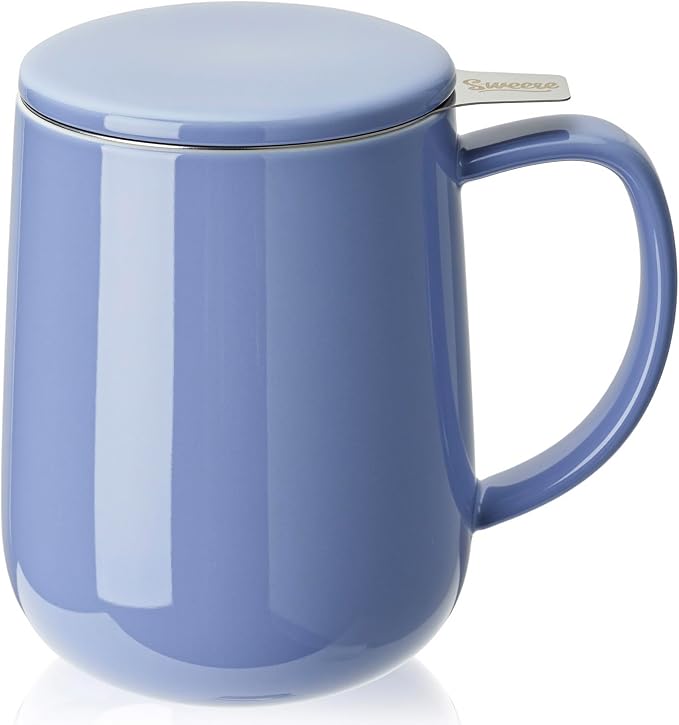 Sweese 20 OZ Porcelain Tea Mug with Infuser and Lid, Dusty Blue Tea Cup