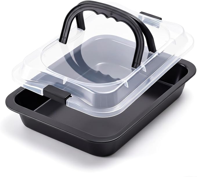 Qinyoung 1 Pcs Black Cake Pan with Lid and Handle, 9 X 13 Inch | Non-stick, Rectangle Sheet Cake Pan, Covered Carrier, Brownie Roasting, Cooking, Baking