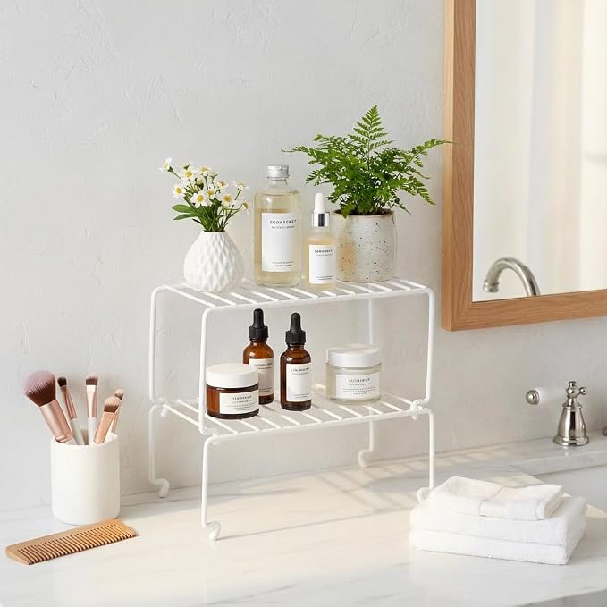 2-Pack Small (10.8x5.3inch) White Stackable Shelf Organizer Rack, Kitchen Shelves Organization for Cabinet, Pantry Organizers and Storage, Wire Shelf Rack, Desk Organizer, Rustproof