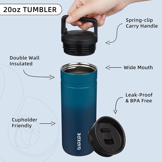 BJPKPK 20 oz Insulated Travel Water Bottle, Coffee Tumbler Stainless Steel | Double Wall Vacuum, Leakproof, Thermal, Keeps Hot/Cold, BPA Free, Dishwasher Safe, Spill Proof, Wide Mouth, 2 Lids, Sea