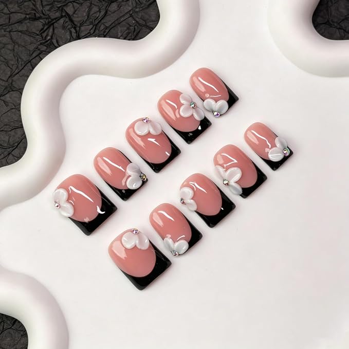 White Flower Press on Nails Handmade Black French Tip Fake Nails with Designs 3D Floral & Rhinestone Accents Short Square Handmade Salon Quality Thick Acrylic Nail Stick on Nails for Women (S）