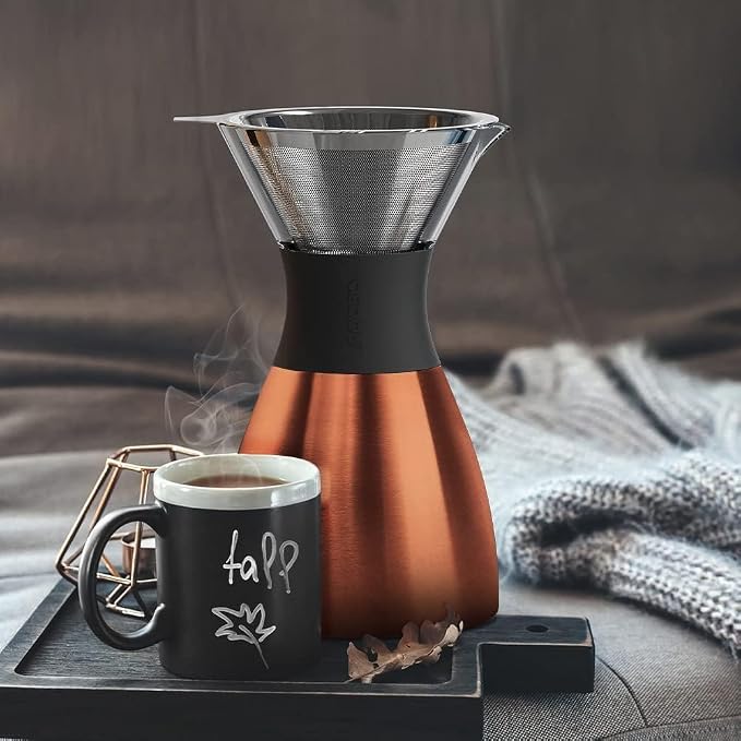asobu Insulated Pour Over Coffee Maker (32 oz.) Double-Wall Vacuum, Stainless-Steel Filter and Take on the Go Carafe (Copper)