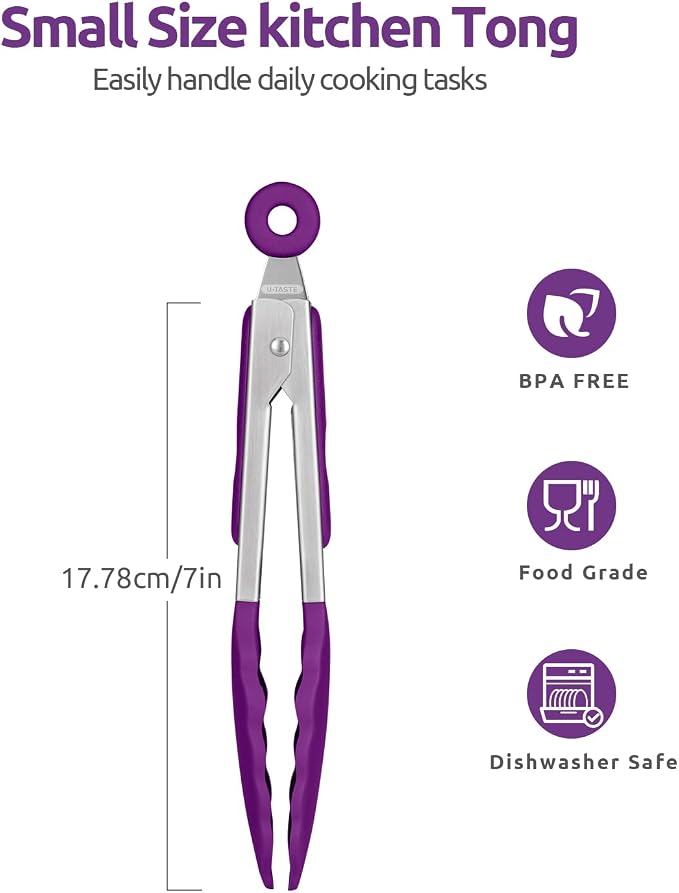 U-Taste Kitchen Tong for Cooking, 600ºF Heat-Resistant Tps, 7in/Purple | Small Mini Silicon Tongs for Serving Food, Short Salad Thong with Non Stick Rubber Tips & 18/8 Stainless Steel Handle