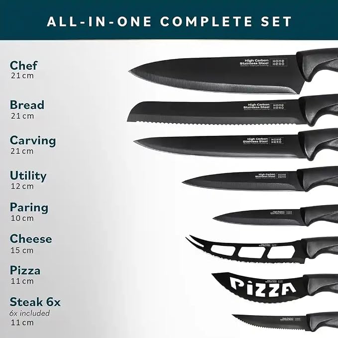 Home Hero Kitchen Knife Set - High Carbon Stainless Steel Blades & Built-In Sharpener - Ergonomic Handles & Cutlery Block Storage - Precision Cooking Prep with Chef Knife - 20 Pc, Black | High Carbon Stainless Steel Knife Set with Block - Built-In Shar...