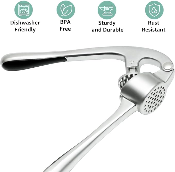 Garlic Press Crusher & Mincer – Easy Squeeze Ergonomic Handle, Heavy Duty Zinc Alloy, Dishwasher Safe, Includes Peeler & Cleaning Brush – Garlic Ginger Crusher Tool (Silver)