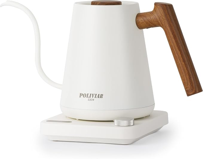 POLIVIAR Electric Gooseneck Kettle, Wood Pattern Handle, White | 1350W, 34oz Pour Over Electric Tea Kettle for Coffee & Tea, 18/8 Stainless Steel Inner, Temperature Control, Rapid Heating