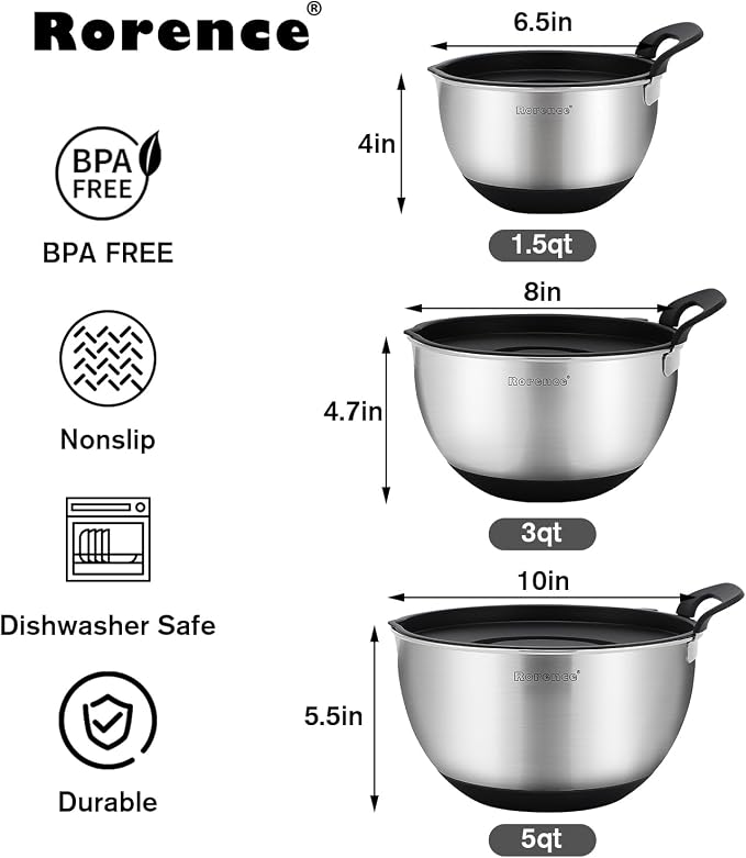 Stainless Steel Mixing Bowls: Stackable Mixing Bowl Set with Lids and Handles Non-slip Silicone Bottom Nesting Bowls for Kitchen Set of 3 - Black