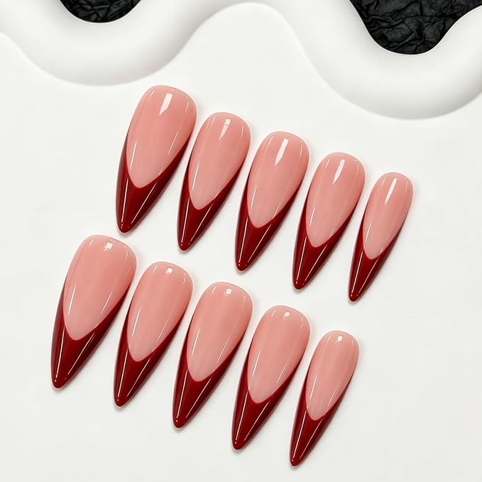 Hand Made Press on Nails with Red French Tip Designs Long Stiletto Fake Nails Glossy Nude False Nails Luxury Handmade Solid Color Stick on Fingernails for Women 10pcs(S)