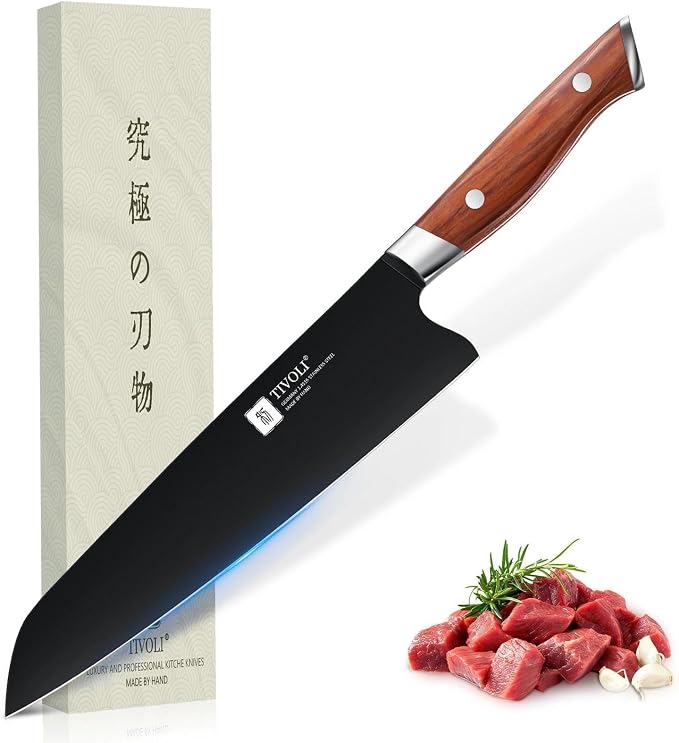 TIVOLI Chef Knife 8 Inch - Cooking Knife Ultra Sharp Deep Cutting Knives | German High Carbon Stainless Steel, Full Tang Ergonomic Wood Handle, Gift Box, Stain Resistant & Easy to Clean, for Cooking
