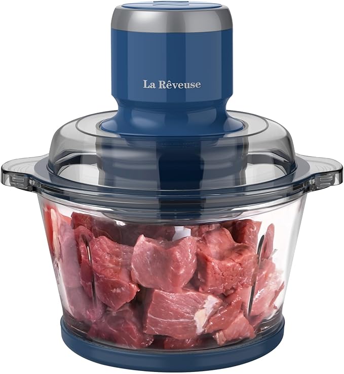 La Reveuse Electric Food Processor, 7-Cup Food Chopper Glass Bowl, Blue | for Chopping, Grinding, Mincing, Whisking, Meal Prep, 2-Layer Chop Blade, (1) Whisking Disc, (1) Spatula, 300W, LARB4016