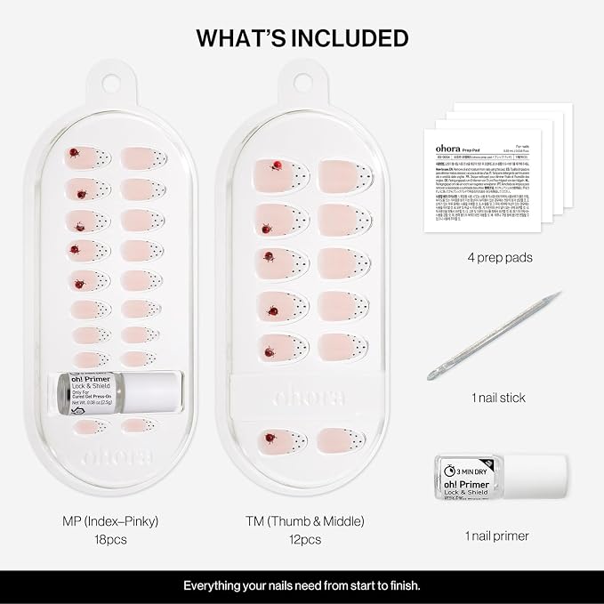 ohora Gel Press On Nails | White, French, Dot, Medium Oval | Polka Lady | Salon-Quality, 100% Real Gel, No UV Lamp, No Glue, Non-Toxic | 15 Sizes, 30 Tips | Long Lasting press ons, K beauty nails