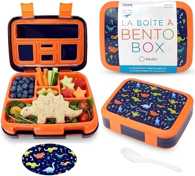 kinsho Dinosaur Bento Lunch Box Container for Small Kids Boys, Blue Orange | 5 Portion Sections, BPA-Free Spill-Proof Leakproof Removable Plastic Tray, Snacks and Lunches for Toddlers Pre-School Daycare
