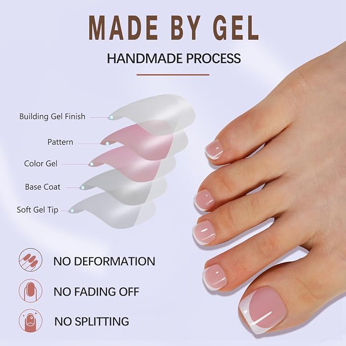 Misssix Press on Toenails Short, French Tip Toe Nails Square Pink | 150pcs Soft Gel Fake Toe Nail Tips Extensions for Women Nail Art DIY 15 Sizes