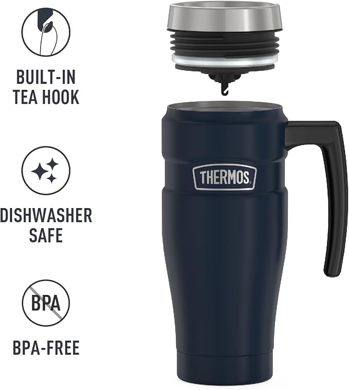 THERMOS Stainless King Vacuum-Insulated Travel Mug with Handle-16oz,Midnight Blue-Thermos Tumbler for Hot&Cold Drinks-Leak&Sweat-Proof Stainless Steel Coffee Mug with Lid for Commuting,(Pack of 4)