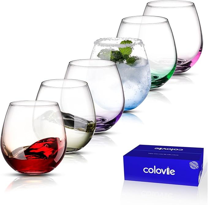 ColoVie Stemless Wine Glasses set of 6, Colored Cocktail Cups, Party Glass | 15oz Stemless Wine Glasses for Red wine, White wine, Sangria, Spritz, Colorful Glassware Set for Home bar, Weddings and Gifts
