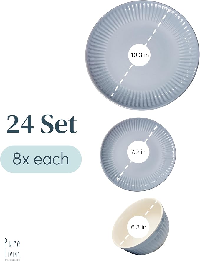 Stoneware Dinnerware Set for 8 People HYGGE 24-Piece - Elegant Scandi Design - Premium Dish Set - Bowl and Plate Set - Tableware for 8 People in a Ribbed Design - Pure Living in Gray-Blue