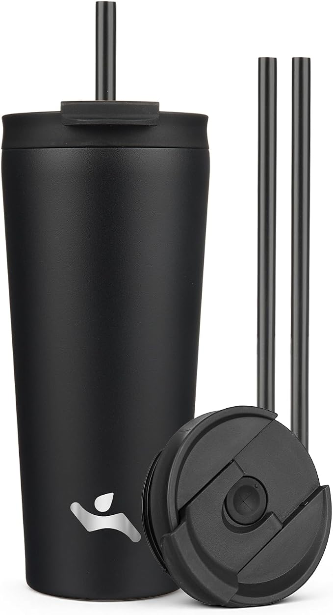 Konokyo 22 oz Insulated Tumbler Water Bottle with Straw Lid, Black | Stainless steel insulated tumbler for coffee, water and iced drinks; spill-proof lid, 2 straws, cup-holder friendly