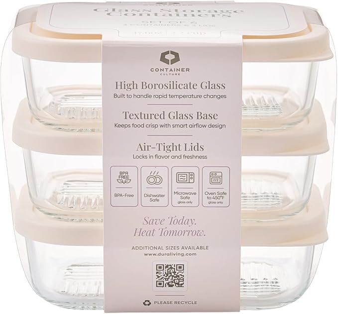 Glass Food Storage Containers with Lids — 6 Piece — 17.6 oz Glass with BPA-Free Leakproof Stackable Lids — Microwave, Oven & Dishwasher Safe — Ideal for Meal Prep & More - Vanilla Mist