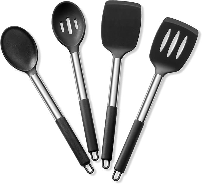 E-far Silicone Cooking Kitchen Utensils Set of 4 for Non-stick Cookware | Heat Resistant & Non-toxic, Includes Slotted Spatula Solid Spoon Turner, For Flipping Mixing Serving Basting, Black